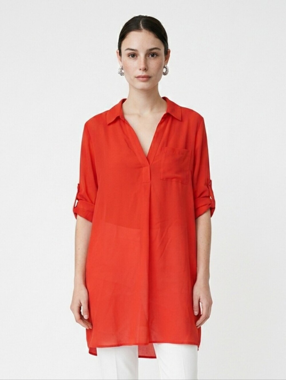 New York & Company Red Collared V-Neck Dress